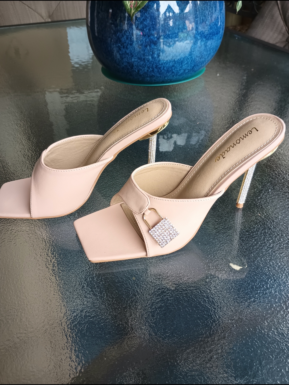 Tan Crystal-Accented Locks & Stiletto High Heel Mules By Lemonade  Size 7 1/2